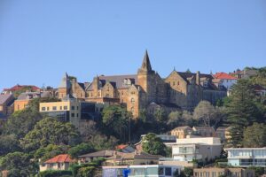 Very large old stone building overlooking Sydney Harbour